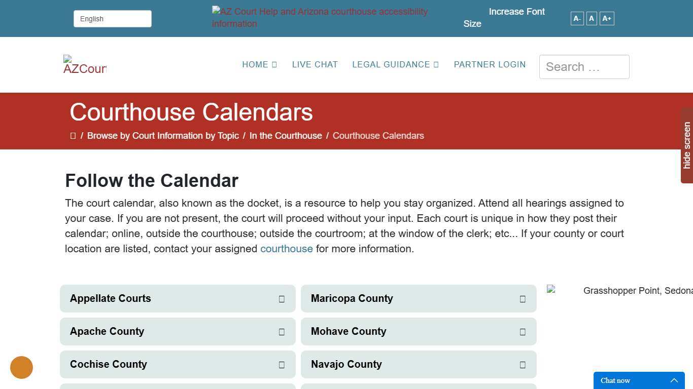 Online calendars (dockets) for Arizona courthouses, by county.