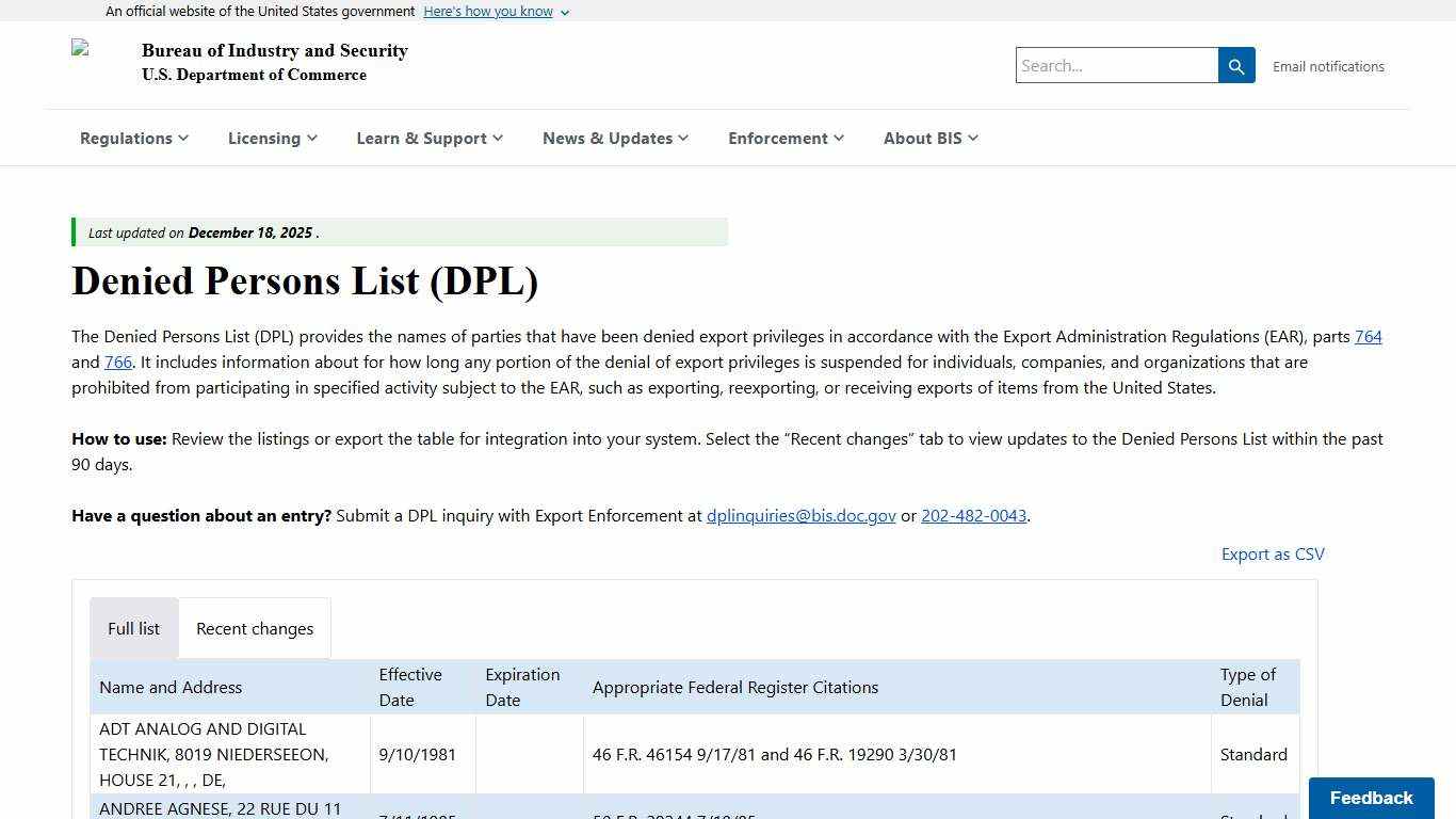 Denied Persons List (DPL)